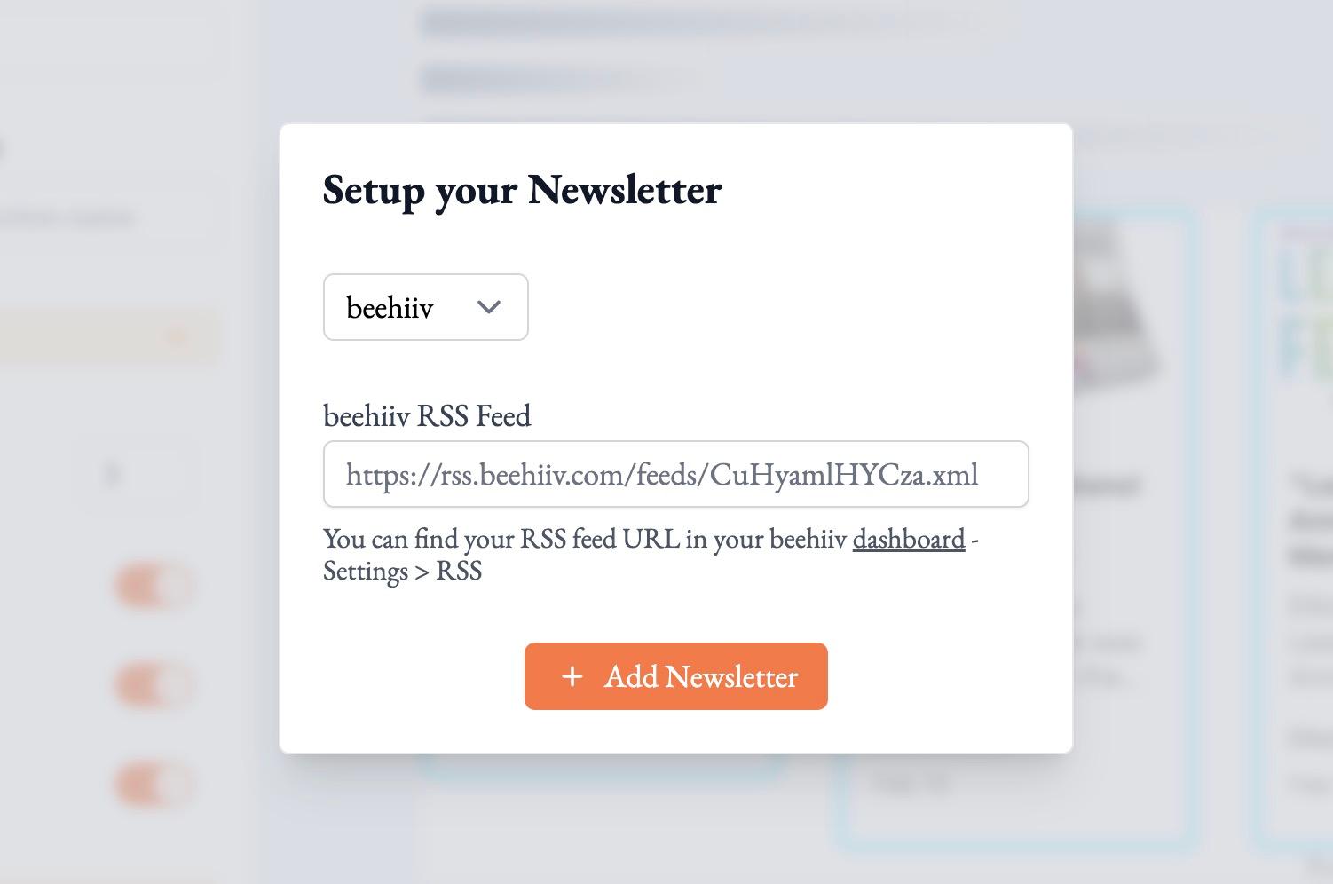 screenshot of add newsletter modal